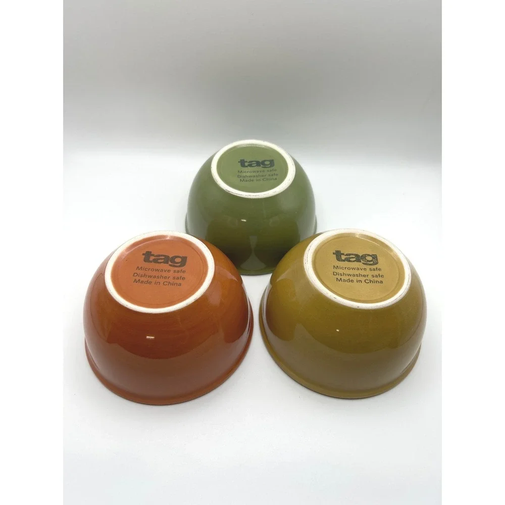 Tag Ceramic Dipping Bowl Set Metal Caddy Green Orange Yellow 3 Piece Set 7.25